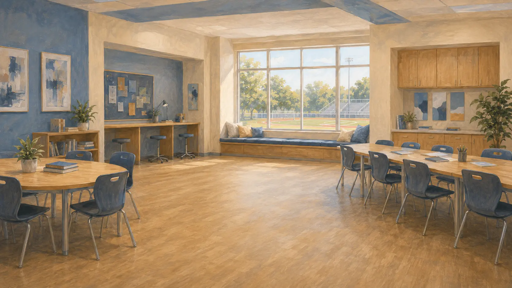 Illustrated Northview High School commons with collaborative tables, cabinets, plants, and warm daylight