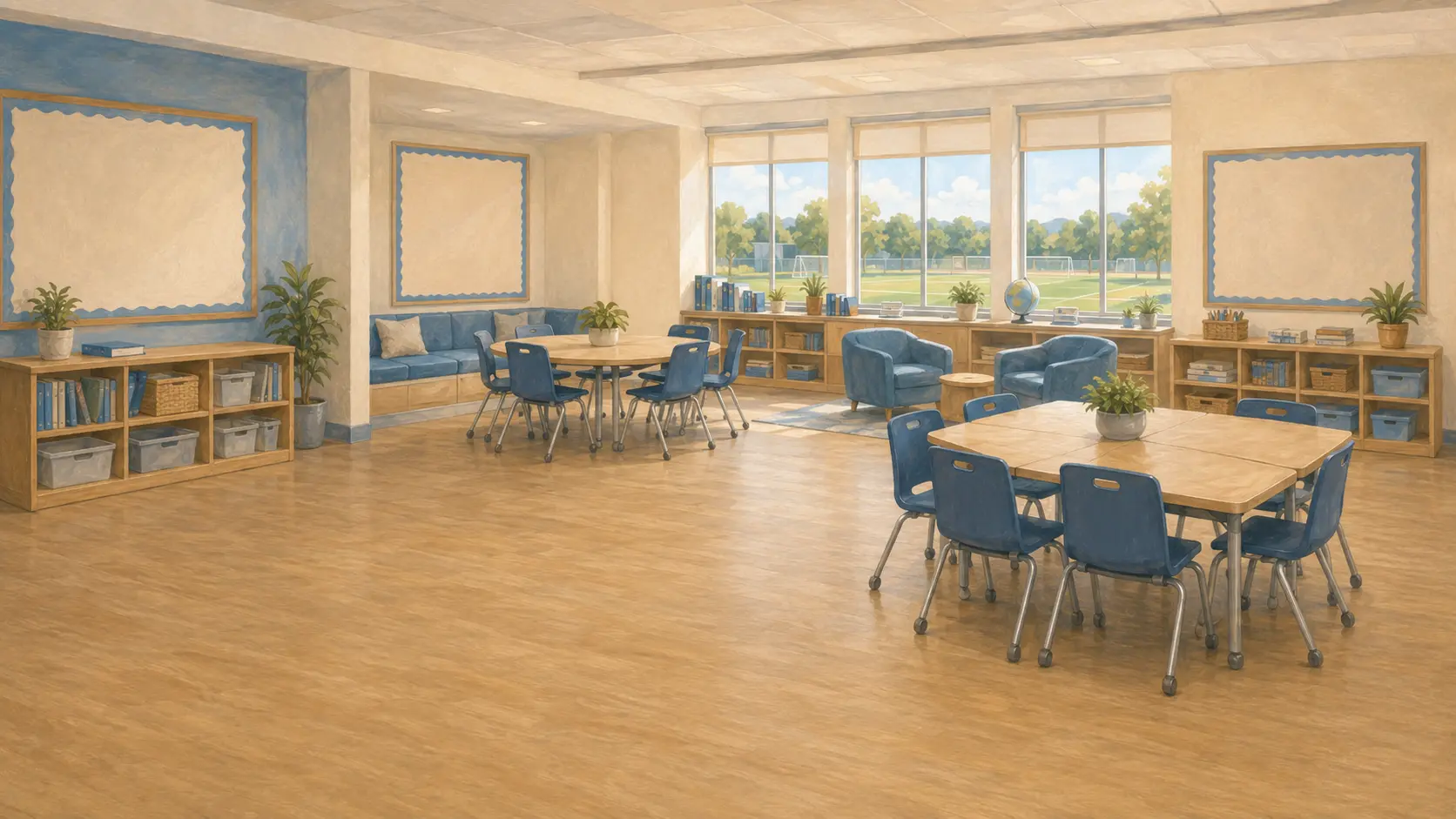 Brookside Middle School learning commons with flexible tables, project displays, and warm orange accents