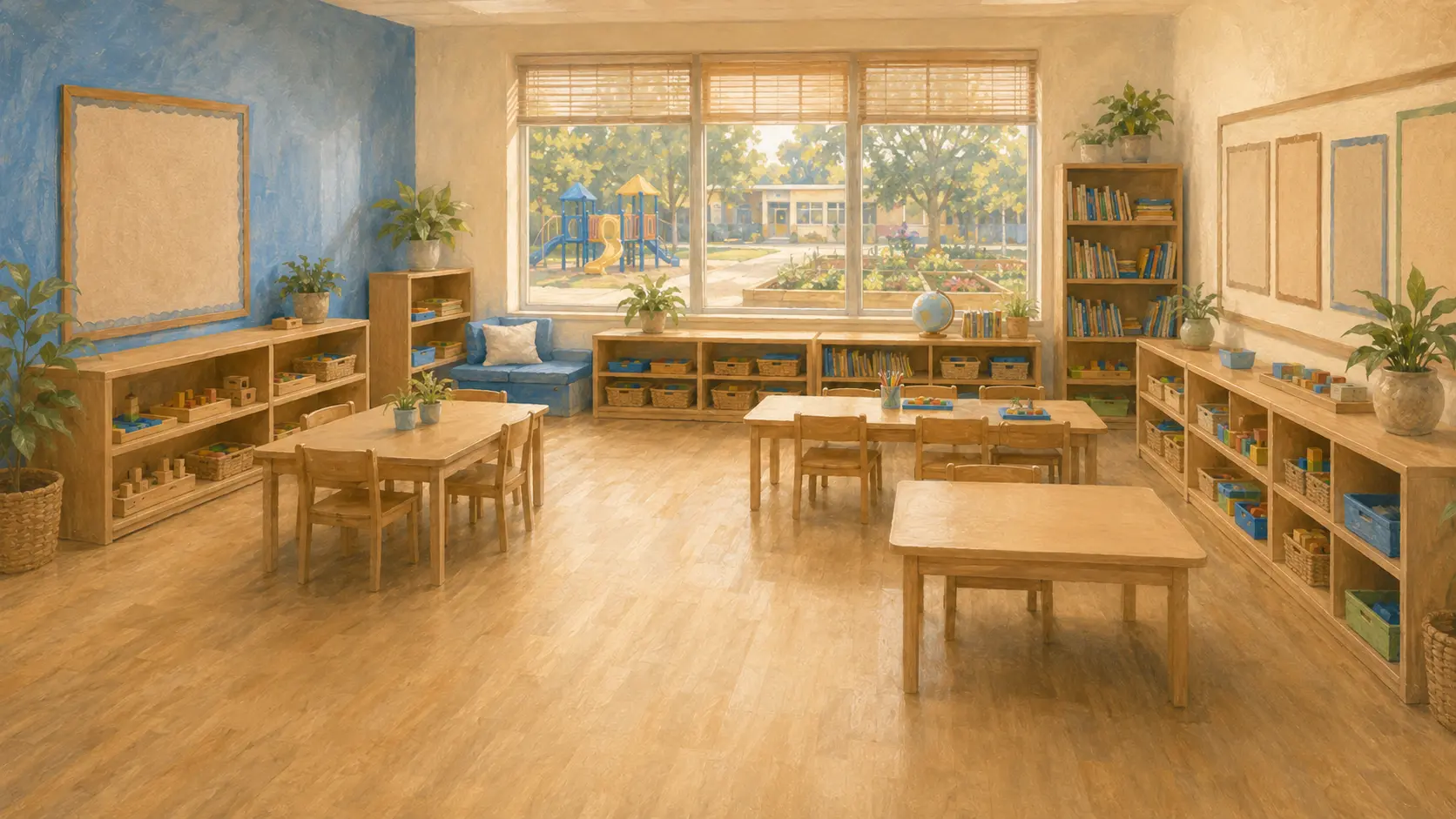 Bright Pinehaven Elementary classroom with light wood learning tables, bookshelves, and blue accents
